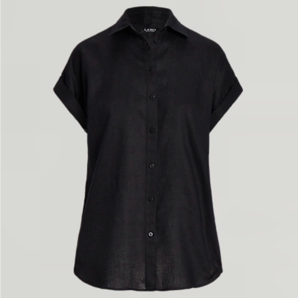 RALPH LAUREN Black Short-Linen Sleeve Button Front Shirt - Women's Top - Picture 5 of 6